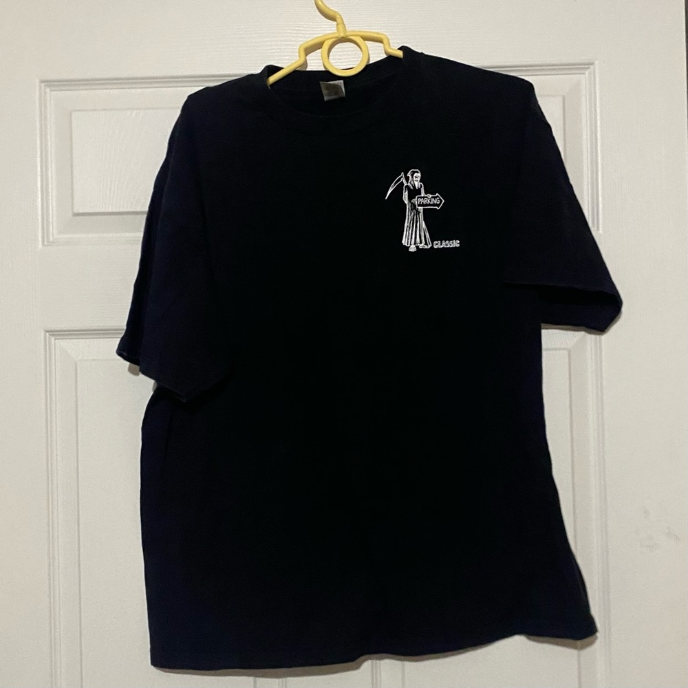 Men’s black and white graphic t-shirt . Grim reaper, parking classic size XL